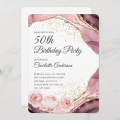 バラ金ゴールドグリッターとフローラ50th誕生日パーティー 招待状 (正面/裏面)