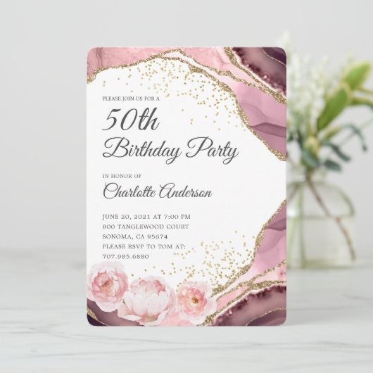 バラ金ゴールドグリッターとフローラ50th誕生日パーティー 招待状 (スタンド正面)