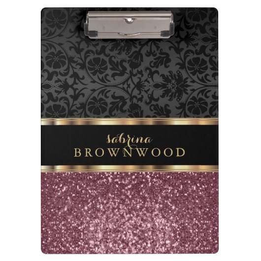 バラ金ゴールドグリッターとブラックダマスク クリップボード (正面)
