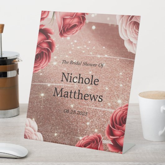 バラ金ゴールドグリッターとレッドローゼスブライダルシャワー 台座サイン (インサイチュ)