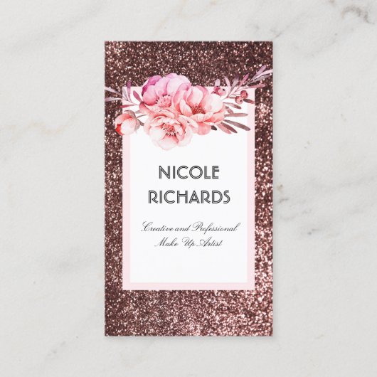 バラ金ゴールドグリッターと水彩花ヴィンテージ 名刺 (正面)