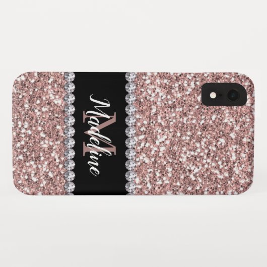 バラ金ゴールドグリッターとGems(名前とモノグラム付き) Case-Mate iPhoneケース (裏面(横))