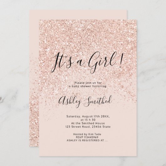 バラ金ゴールドグリッターはピンクの女の子のベビーシャワーを輝かせる 招待状 (正面/裏面)