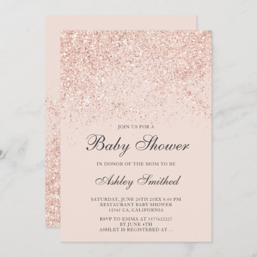 バラ金ゴールドグリッターは赤面ベビーシャワーを輝かせる 招待状 (正面/裏面)