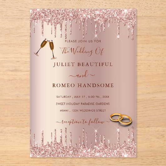 バラ金ゴールドグリッターアクリル結婚式招待状 アクリル招待状 (正面)