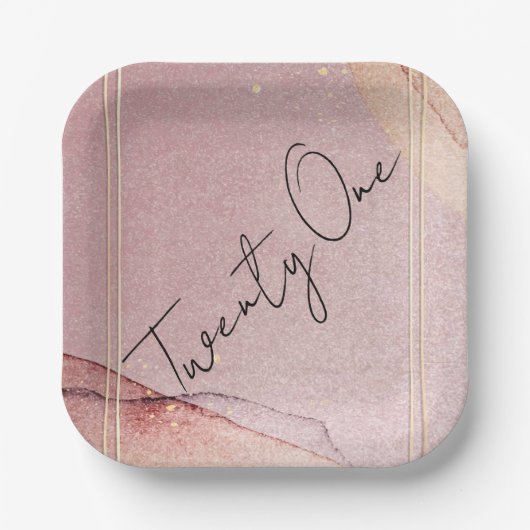 バラ金ゴールドグリッターアルコールインク21歳の誕生日パーティー ペーパープレート (正面)