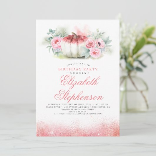 バラ金ゴールドグリッターエレガントパンプキン秋誕生日 招待状 (スタンド正面)