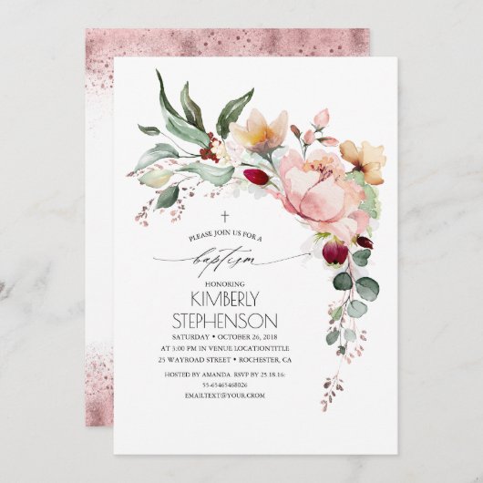 バラ金ゴールドグリッターエレガントフローラ洗礼 招待状 (正面/裏面)