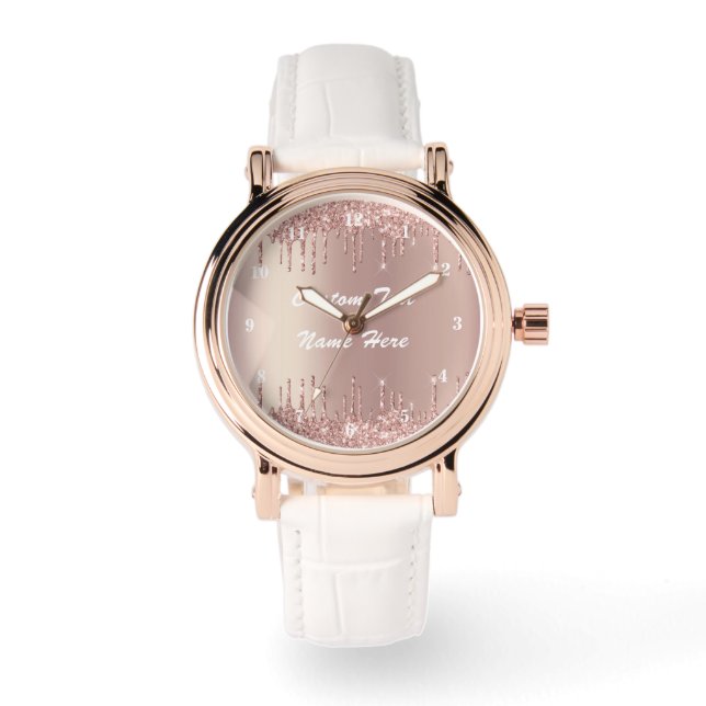 バラ金ゴールドグリッターカスタム文字名時計ギフト 腕時計 (正面)