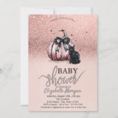 バラ金ゴールドグリッターカボチャ黒猫ベビーシャワー 招待状 (正面)