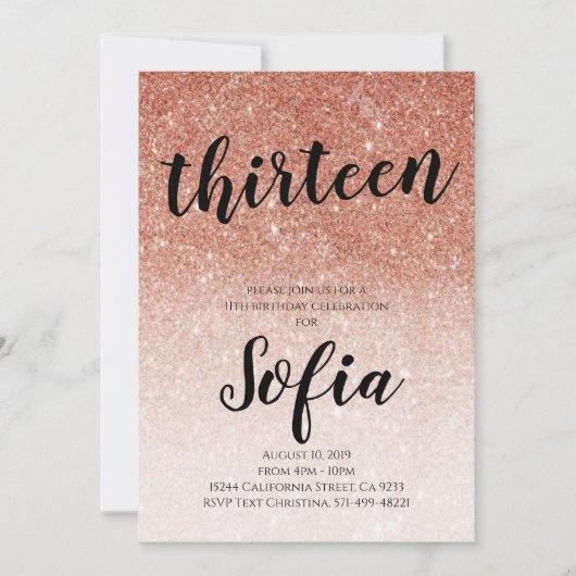 バラ金ゴールドグリッターガー10代のル誕生日パーティー 招待状 (正面)