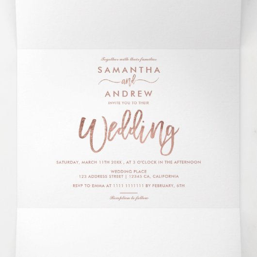 バラ金ゴールドグリッターグラデーションタイポグラフィホワ結婚イト 三つ折り招待状 (内部中)