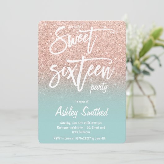 バラ金ゴールドグリッターグラデーションティール（緑がかった色）タイポグラフィスウィート16 招待状 (スタンド正面)