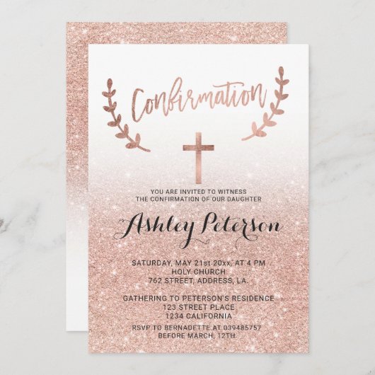 バラ金ゴールドグリッターグラデーションピンク白確認 招待状 (正面/裏面)