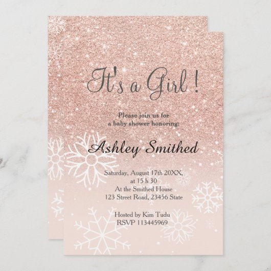 バラ金ゴールドグリッターグラデーションピンク雪女ベビーシャワー 招待状 (正面/裏面)