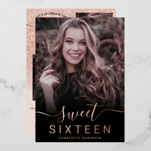 バラ金ゴールドグリッターグラデーションピンク5枚の写真sweet 16 箔招待状 (正面/裏面)