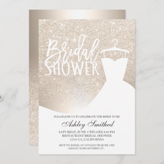 バラ金ゴールドグリッターグラデーションフォイルドレスブライダルシャワー 招待状 (正面/裏面)