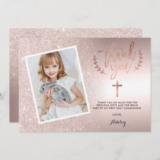 バラ金ゴールドグリッターグラデーションフォイル第1回コミュニオン写真 サンキューカード (正面/裏面)