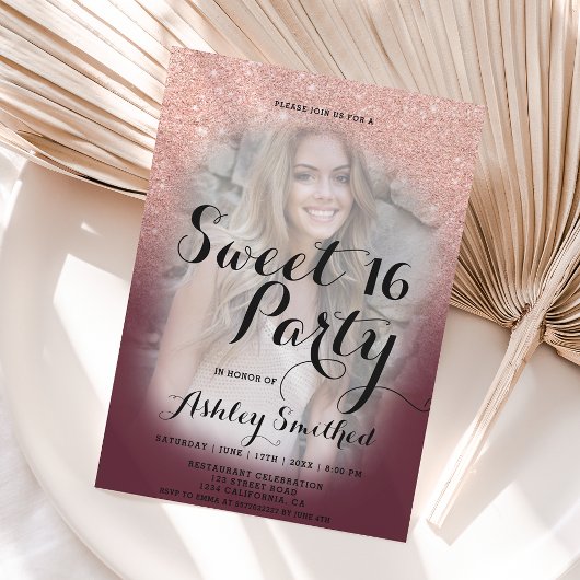 バラ金ゴールドグリッターグラデーションブルゴーニュ写真Sweet 16 招待状