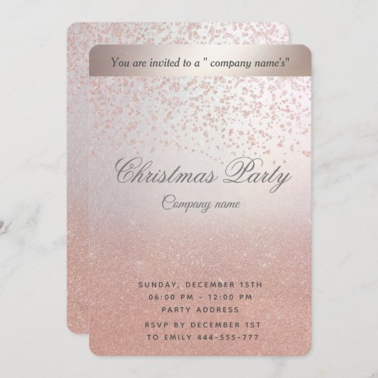 バラ金ゴールドグリッターグラデーション企業のクリスマスパーティー 招待状 (正面/裏面)