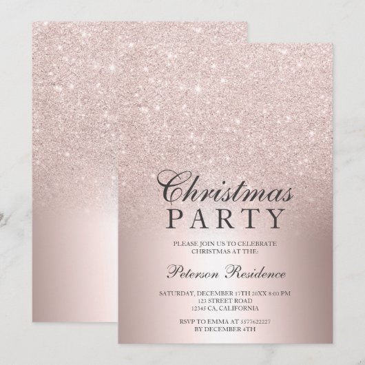 バラ金ゴールドグリッターグラデーション金属箔クリスマス 招待状 (正面/裏面)