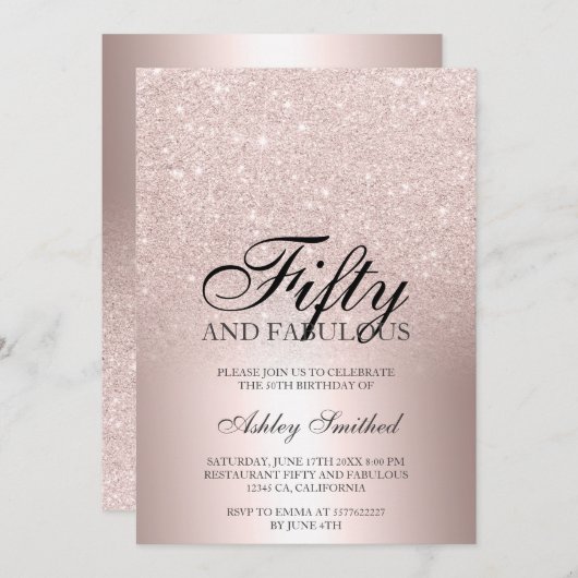 バラ金ゴールドグリッターグラデーション金属50素晴らしい 招待状 (正面/裏面)