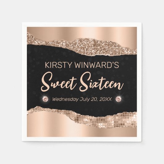 バラ金ゴールドグリッターグラムエッジ&ダイアモンズスウィート16 スタンダードカクテルナプキン (正面)