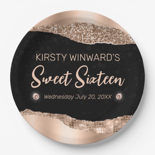 バラ金ゴールドグリッターグラムエッジ&ダイアモンズスウィート16 ペーパープレート (正面)