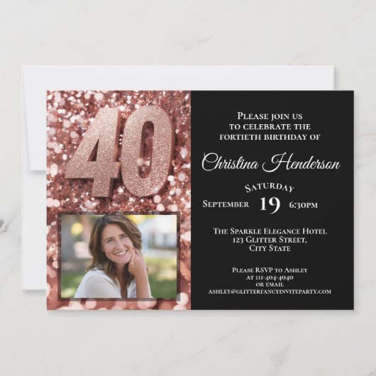 バラ金ゴールドグリッターグラムフォト40th誕生日パーティー 招待状 (正面)