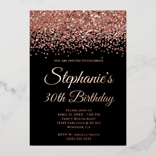 バラ金ゴールドグリッターグラムブラック30th誕生日 箔招待状 (正面)