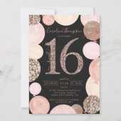 バラ金ゴールドグリッターグレーバルーンSweet 16写真 招待状 (正面)