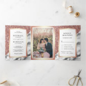 バラ金ゴールドグリッターグレーマーブルフォト結婚ズ 三つ折り招待状 (内部)