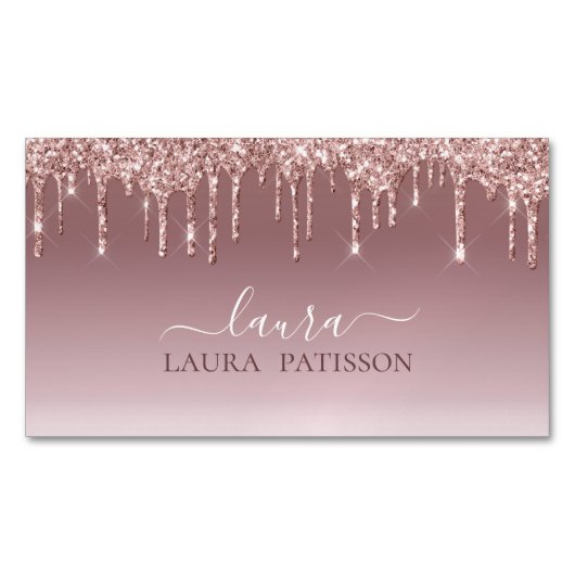 バラ金ゴールドグリッターシックスクリプトとモノグラムブシン マグネット名刺 (正面)