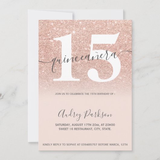 バラ金ゴールドグリッターシック赤面ピンクキンセアニェラ 招待状 (正面)