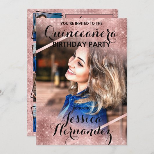 バラ金ゴールドグリッターシークインコーナーズフォトキンセアニラ 招待状 (正面/裏面)