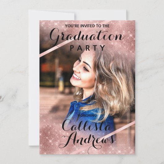 バラ金ゴールドグリッターシークインズコーナー写真卒業 招待状 (正面)