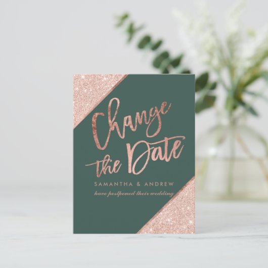 バラ金ゴールドグリッタースクリプトの緑の日付の変更 案内ポストカード (スタンド正面)