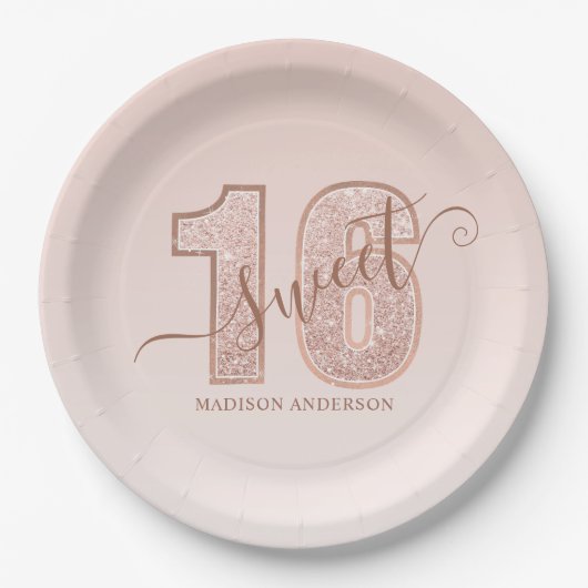 バラ金ゴールドグリッタースクリプトスウィート16誕生日 ペーパープレート (正面)