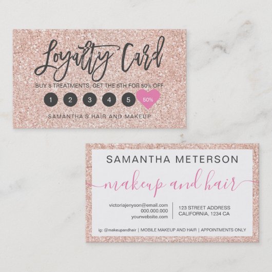 バラ金ゴールドグリッタースクリプト化粧ヘアピンクハート ロイヤリティカード (正面/裏面)