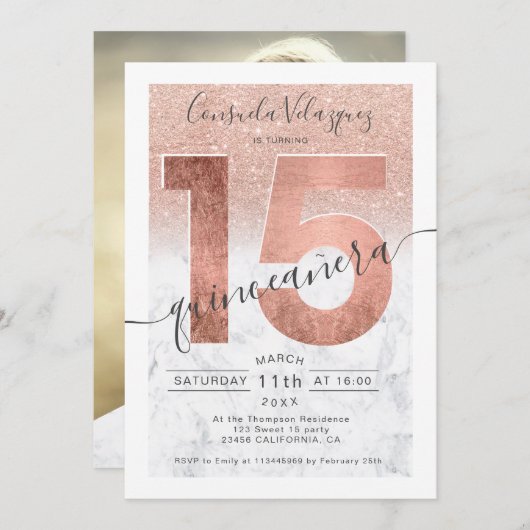 バラ金ゴールドグリッタースクリプト大理石キンセアニェラ写真 招待状 (正面/裏面)