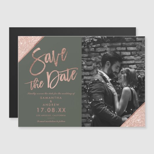 バラ金ゴールドグリッタースクリプト緑の写真の保存日付 (正面/裏面)