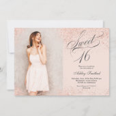 バラ金ゴールドグリッタースクリプト赤面ピンク写真Sweet 16 招待状 (正面)