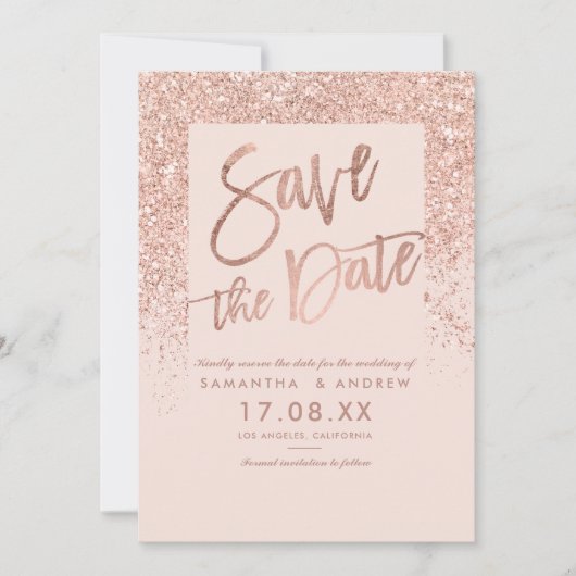 バラ金ゴールドグリッタースクリプト赤面pink save the date セーブザデート (正面)