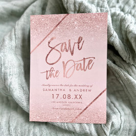 バラ金ゴールドグリッタースクリプト赤面pink save the date 案内ポストカード