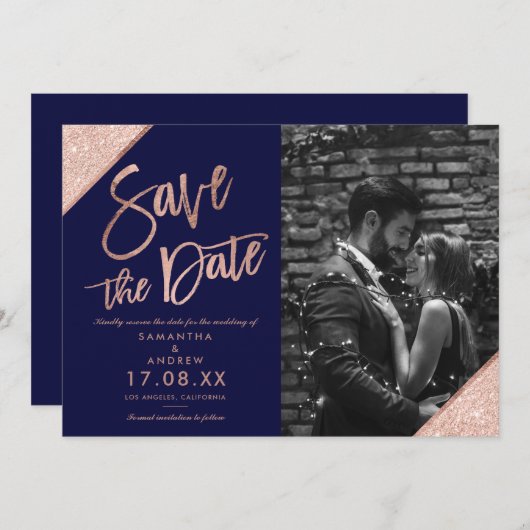 バラ金ゴールドグリッタースクリプトnavy blue save date セーブザデート (正面/裏面)