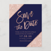 バラ金ゴールドグリッタースクリプトnavy blue save date 案内ポストカード (正面)