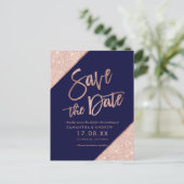 バラ金ゴールドグリッタースクリプトnavy blue save date 案内ポストカード (スタンド正面)
