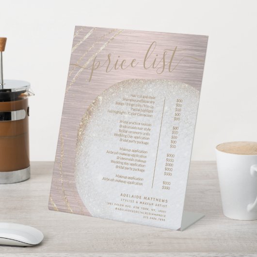 バラ金ゴールドグリッタースタイリストサロン価格表メニュー 台座サイン (インサイチュ)