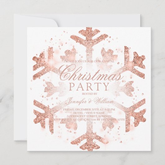 バラ金ゴールドグリッタースノーフレーククリスマスホリデーパーティイン 招待状 (正面)