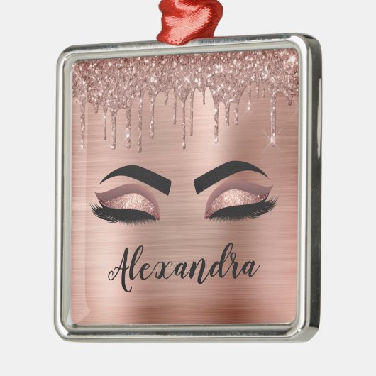 バラ金ゴールドグリッタースパークルまつげモノグラム名 メタルオーナメント (左)